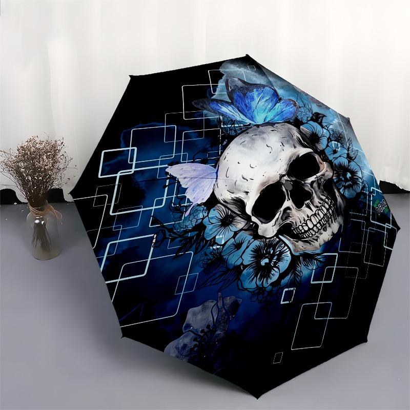 1pc Skull and Flowers Artwork Umbrella with Plastic Handle,Suitable for All Seasons UmbrellaPT494
