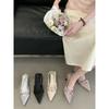 2025 Spring and Autumn High Heels Four Seasons Shoes Korean Version Pointed Head Bow Satin Baotou Sandals Hollow Single Shoes Women