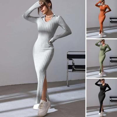 Frauen Frühling Herbst Kleid V-Ausschnitt Schlitz Saum Faden Slim Fit Lange Ärmel