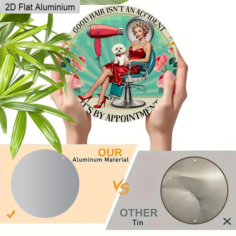 2D Flat Aluminum Vintage Metal Wreath Round Sign Hairdresser Poster, Hair Salon Decor, Hair Salon Suitable for Home and Kitchen Bar Cafe Garage Wall