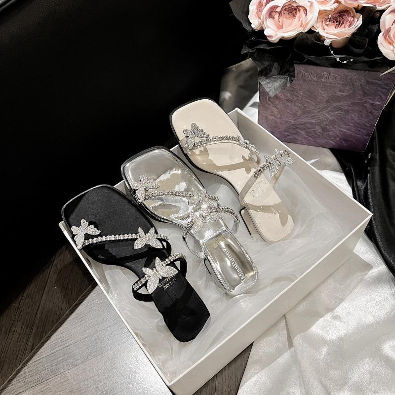 Fashion Women's Fashion Chunky Slippers Summer New Square Head Set Toe Rhinester Butterfly Knot Fine Belt High Heels