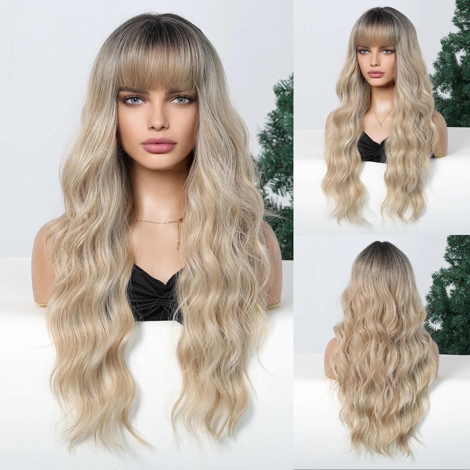 

Длинные светлые синтетические парики с глубокой волной и челкой, парики из вьющихся волос для женщин, ежедневные парики, термостойкие