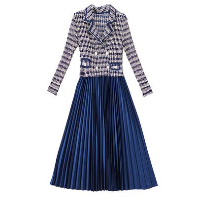 Abito plissettato in due pezzi finto primaverile per donna, sottile, scozzese, con filettatura a vite
