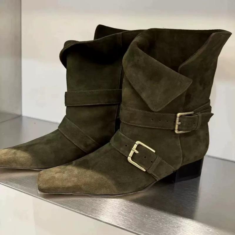 Cowhide version~ niche street show square head western cowboy boots women's thick heel leather short boots fashion women's boots