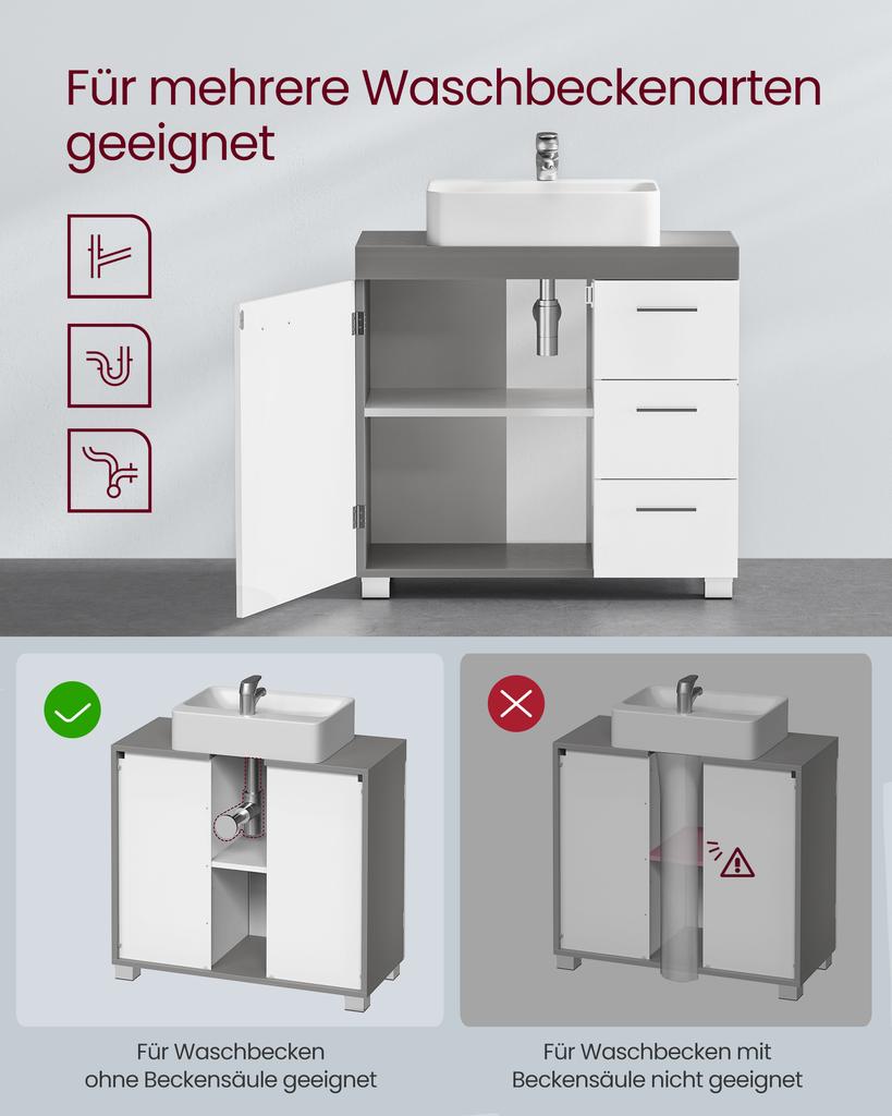 VASAGLE Mobile da bagno, Mobile per bagno, 3 Cassetti Grandi, 30 x 70 x 64 cm, Mobile da bagno, 2 Scomparti Dietro la Porta