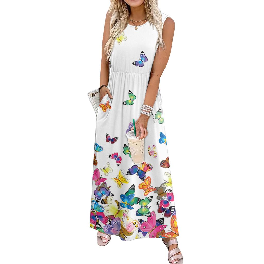 Ladies' Floral Print Casual And Fashionable Waist Cinched Sleeveless Dress