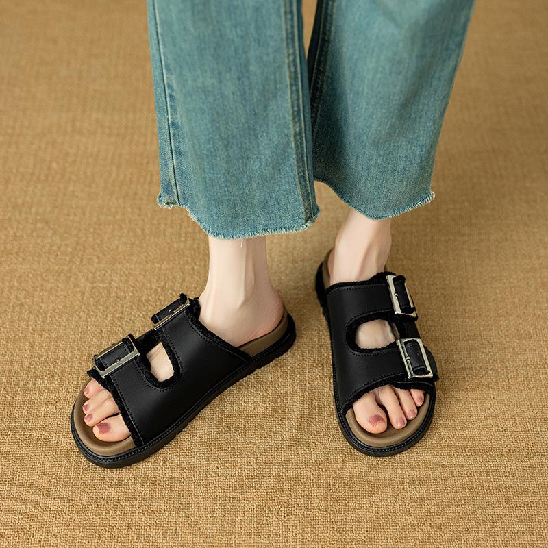 2025 spring and summer new sandals fashion one-word sandals buckle rough edge upper wear beach casual slippers women