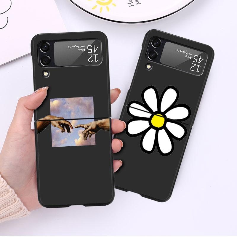 Blumen Herz Hülle für Samsung Galaxy Z Flip 3 4 5G Schwarzes hartes PC-Telefongehäuse Z flip4 Luxus Coque Shell