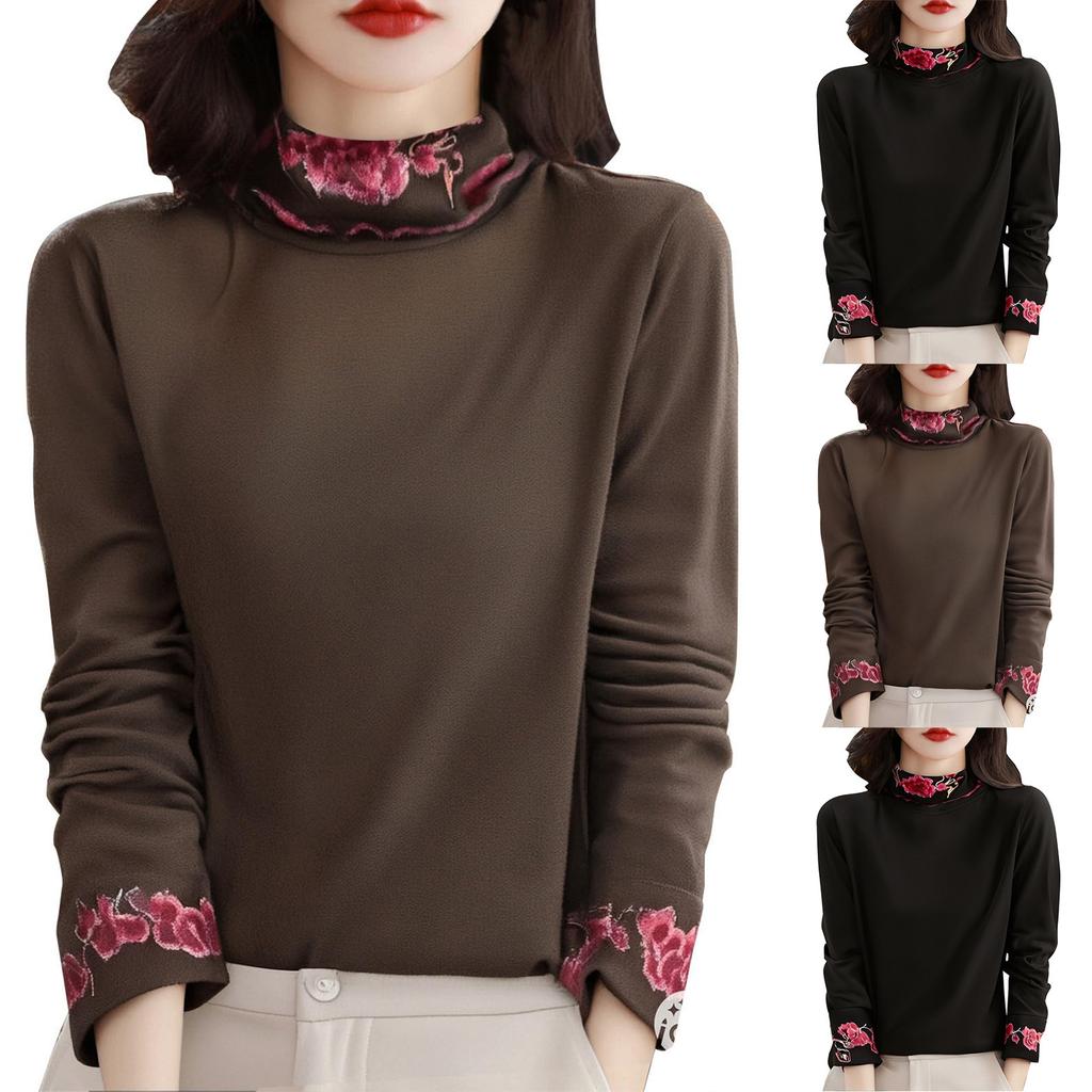 Women's Fashionable Literary Ethnic Deung Embroidery Retro High-Neck Inner Layer Embroidered Long-Sleeved Top