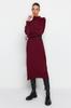 Women's Hijab Dress New Season Fashion Plum Faux Leather Belted High Collar Knitwear Dress