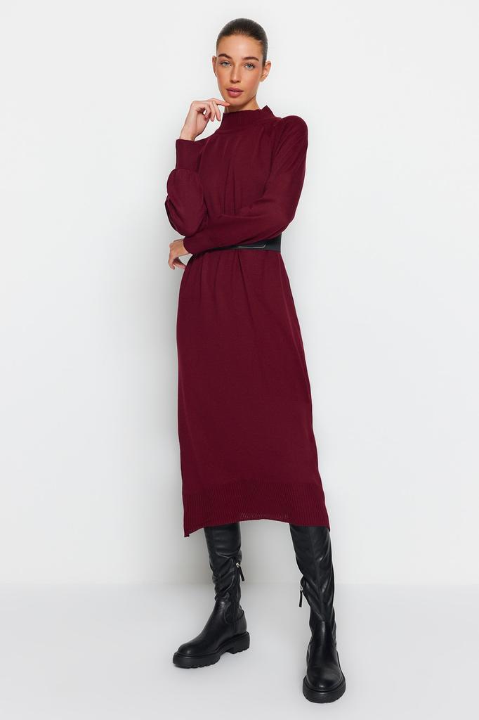 Women's Hijab Dress New Season Fashion Plum Faux Leather Belted High Collar Knitwear Dress