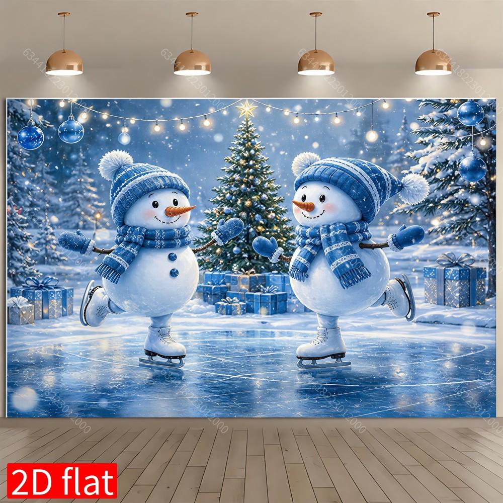 1Pcs Blue Winter Snowmen Skating Ice Rink Decoration Background Christmas Backdrop Decorations For Photo Studio Booth Party