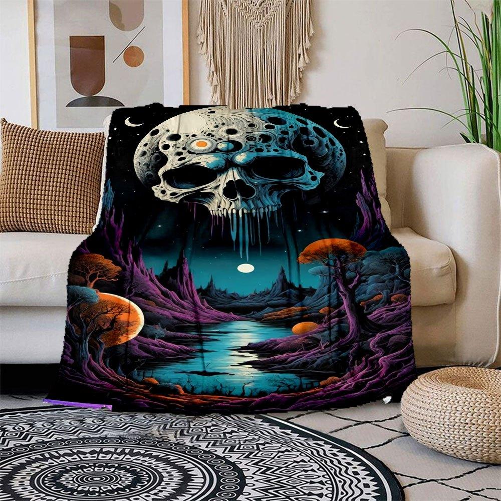 

Moonscape: Surreal Night Sky with Skull Moon Art Print Blanket Flannel Throw Blanket for Sofa, Bed, Travel, Camping, Office, Couch, Chair, 150x180cm