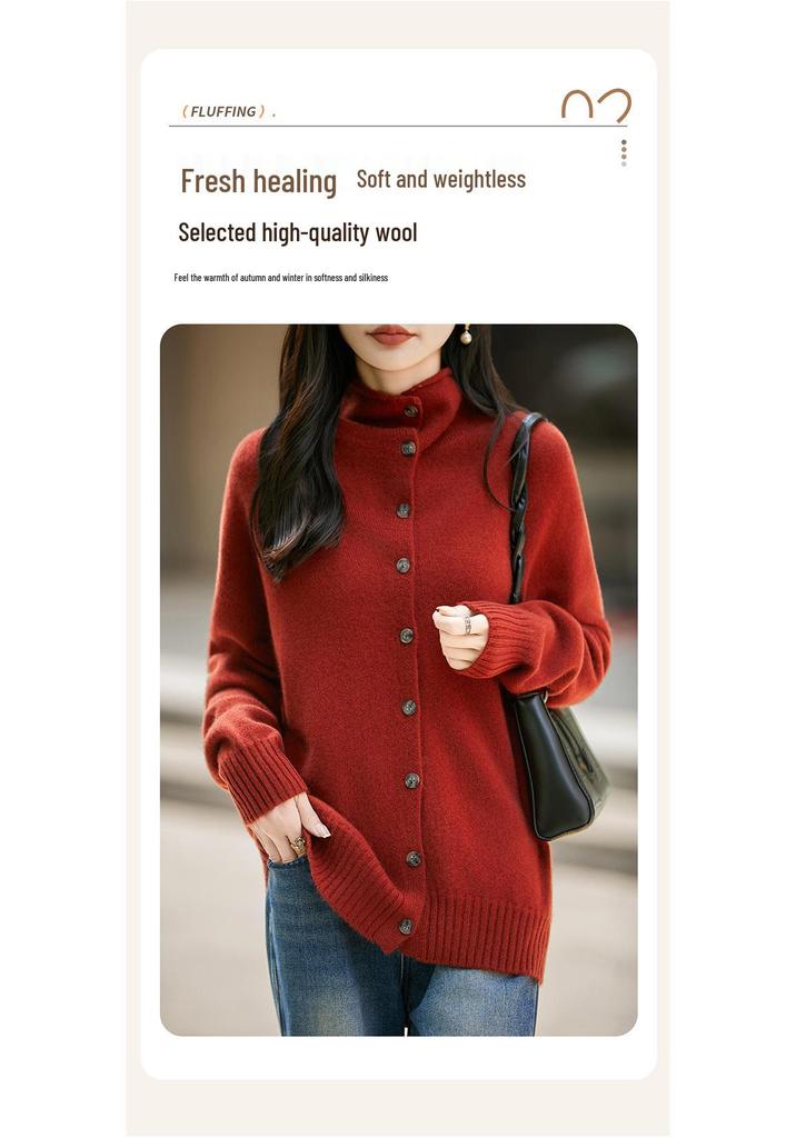 Women's 100% Wool French Stand Collar Single-Breasted Cardigan - Autumn/Winter Solid Color Knit Sweater with Rolled Hem