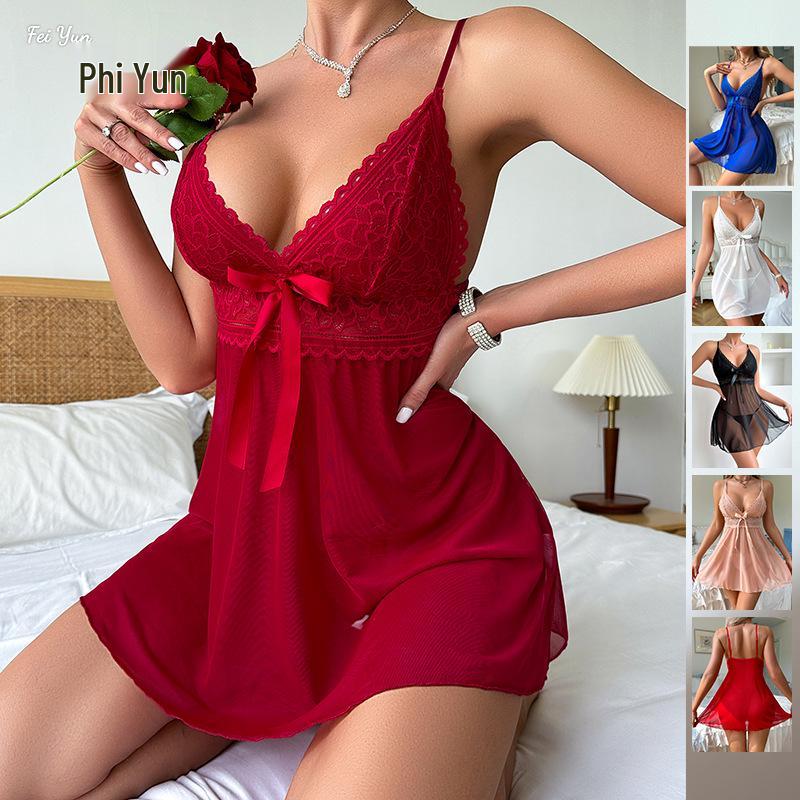 Lace Spaghetti Strap Mesh Nightgown - Sexy See-through Lingerie for Women