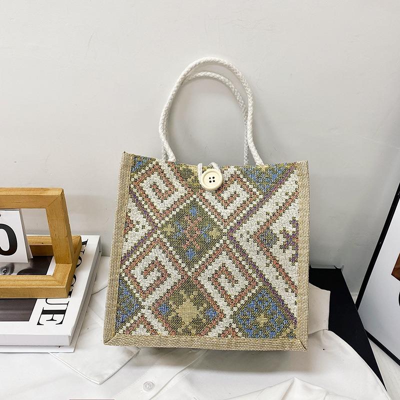 

Холщовая сумка в этническом стиле для женщин, летняя модная льняная сумка для ланча Bento Bag, сумка для переноски мамочек зелёный