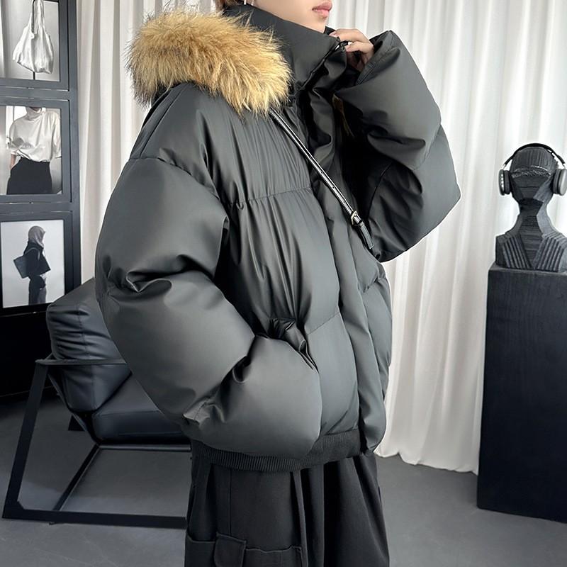 Short Puffer Parka With Faux Fur Trim Unisex Winter Thick Hooded Cotton Coat Solid Color Casual Warm Outerwear