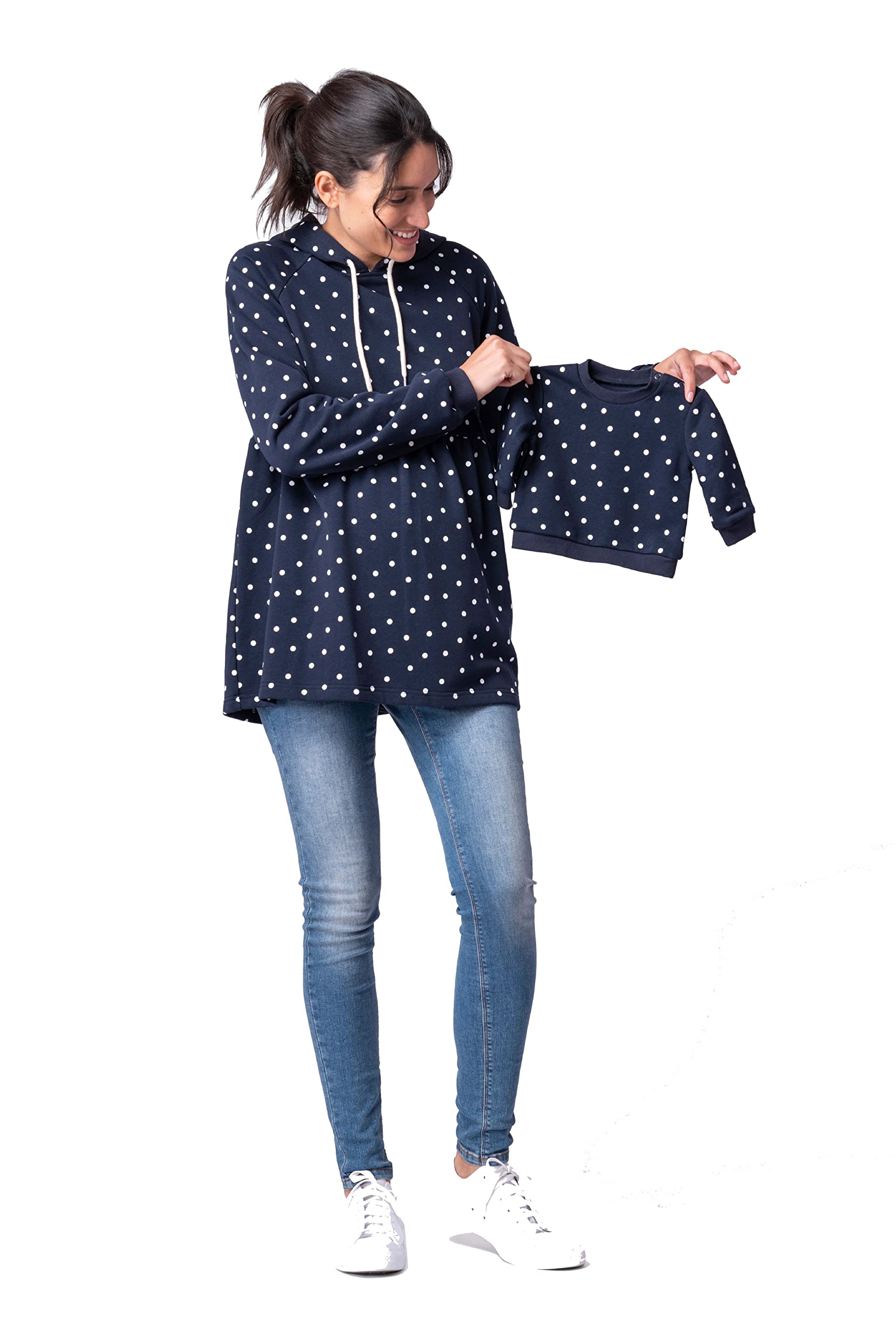 

Hooded Breastfeeding Maternity Sweatshirt Navy Dot M [Serafin] Sweatshirt, Hoodie/Baby Set,