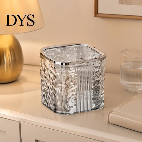 Compact Trash Can for Bedroom Desktop with Pop-Up Lid, Transparent Glacier Texture Small Waste Mini Plastic Bin Vanity Bin, Garbage Container Bathroom
