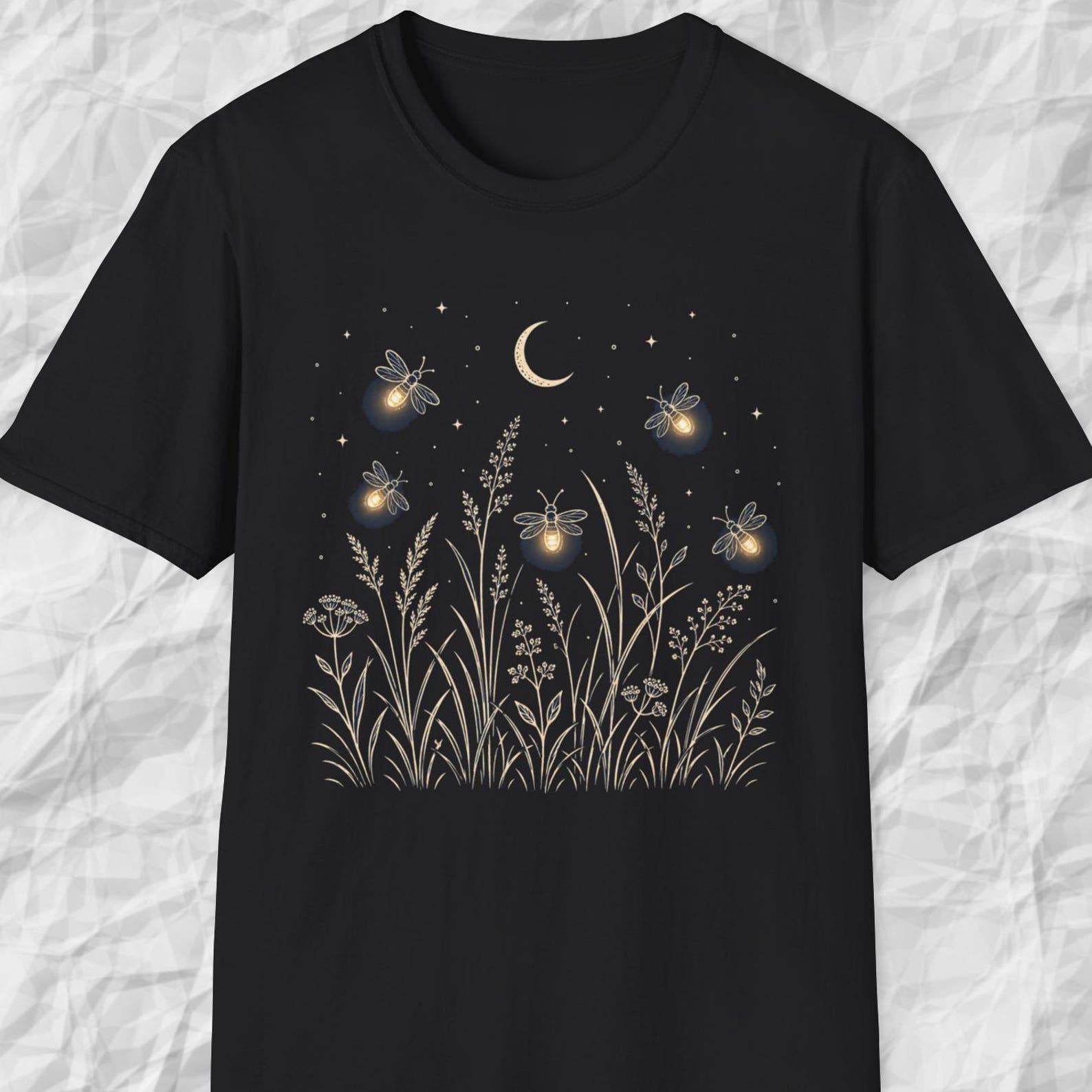Firefly Meadow Shirt, Moon Garden Tee, Night Wildflower T shirt, Dark Floral Shirt, Nature Lover Tee L