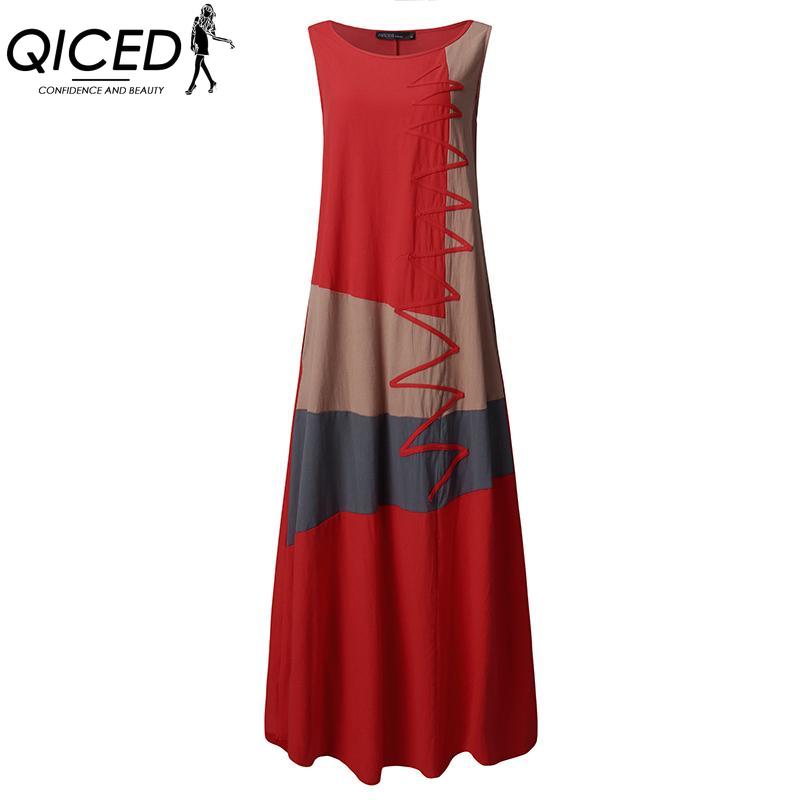 QICED Women Cotton Sleeveless O-Neck Summer Vintage Print Long Dress