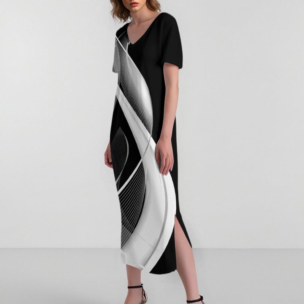 Women's Casual Print V-Neck Short Sleeve Hem Slit Dress With Pockets