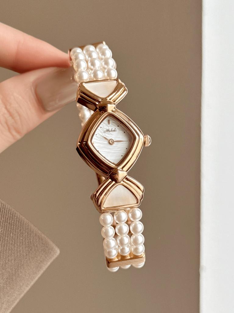 Luxury High-end Quartz Women Watch Rhombus Dial Pearl Bracelet Wristwatch Elegant Vintage Ladies Dress Watches Reloj De Mujer