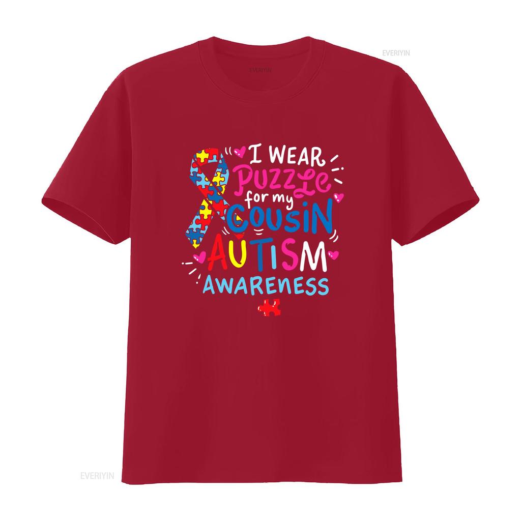 Autism Awareness I Wear Puzzle For My Cousin Colorful Print Casual T Shirt Vintage Washed Top For Everyday Wear Versatile