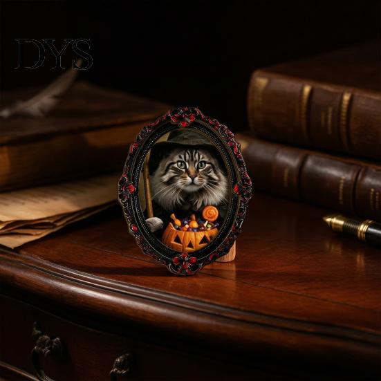 Wooden Animal Frame Ornament Halloween Pet Photo Decoration, with Adhesive Dot, Witch Hat Cat Dog Holiday Decoration Decor, Retro for Home Office