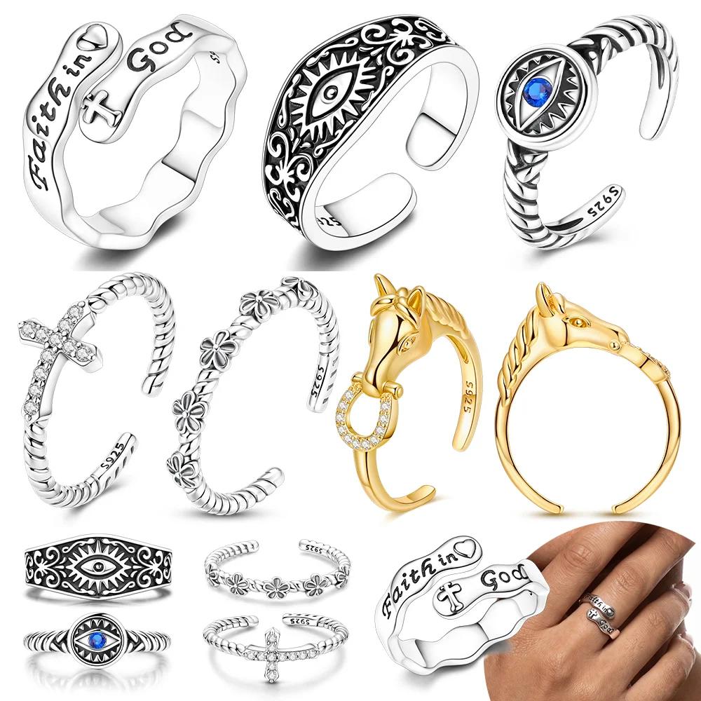 CopperHorse Head Flower Cross Open Rings Blue Zircon Open Rings for Women Dating Travel Wedding Anniversary Jewelry Gift