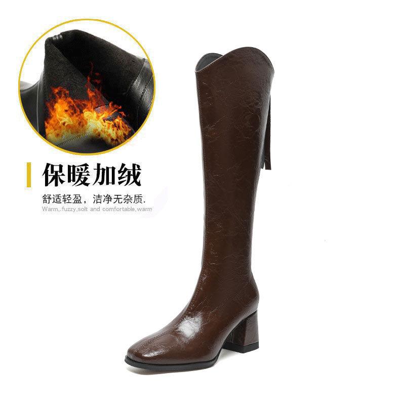 

Высокие каблуки, но сапоги до колена женские 2024 новые осенне-зимние коричневые V-образные толстые каблуки высокие сапоги квадратные тонкие рыцарские сапоги 40