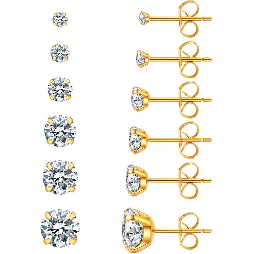6 Pairs Stud Earrings Set, Hypoallergenic Cubic Zirconia 316L Earrings Stainless Steel CZ Earrings 3-8mm (Steel color)