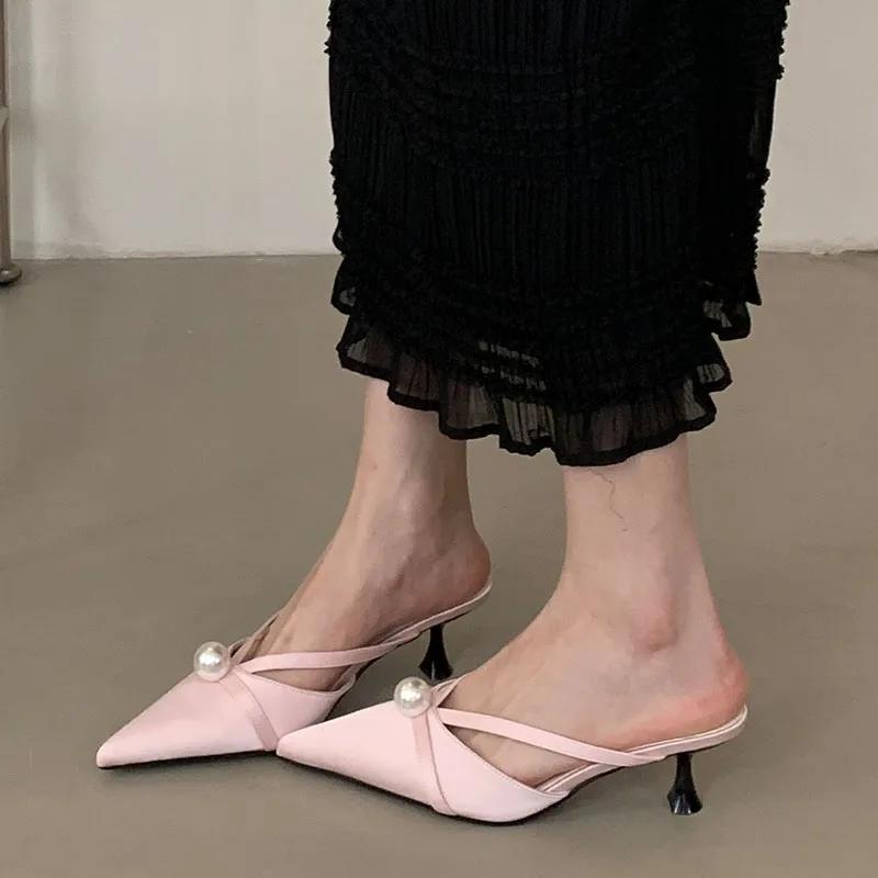 Fashion New 2025 Slip On Footwear Women Heels Pumps Mules Shoes Pointed Toe Fashion String Bead Ladies Medium Heels Shoes Female Slides
