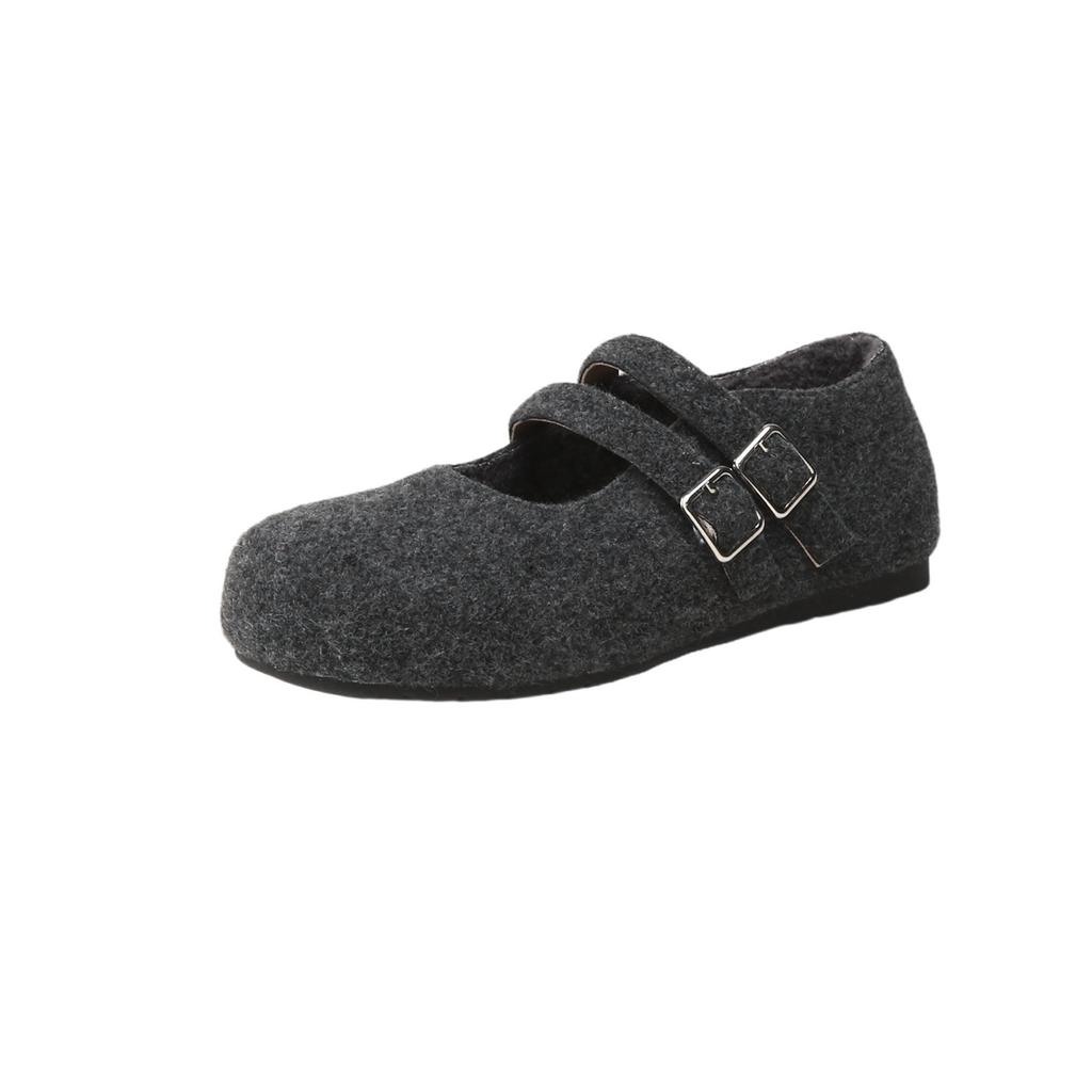 Wełniana wersja retro dwurzędowe wełniane płaskie buty Mary Jane damskie pojedyncze buty zimowe pluszowe ciepłe bawełniane buty puszyste buty
