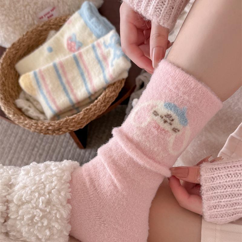 Pink Australian Fleece Socks For Women Thickened And Warm Strawberry Cartoon Bunny Bow Socks Sleeping Floor Socks