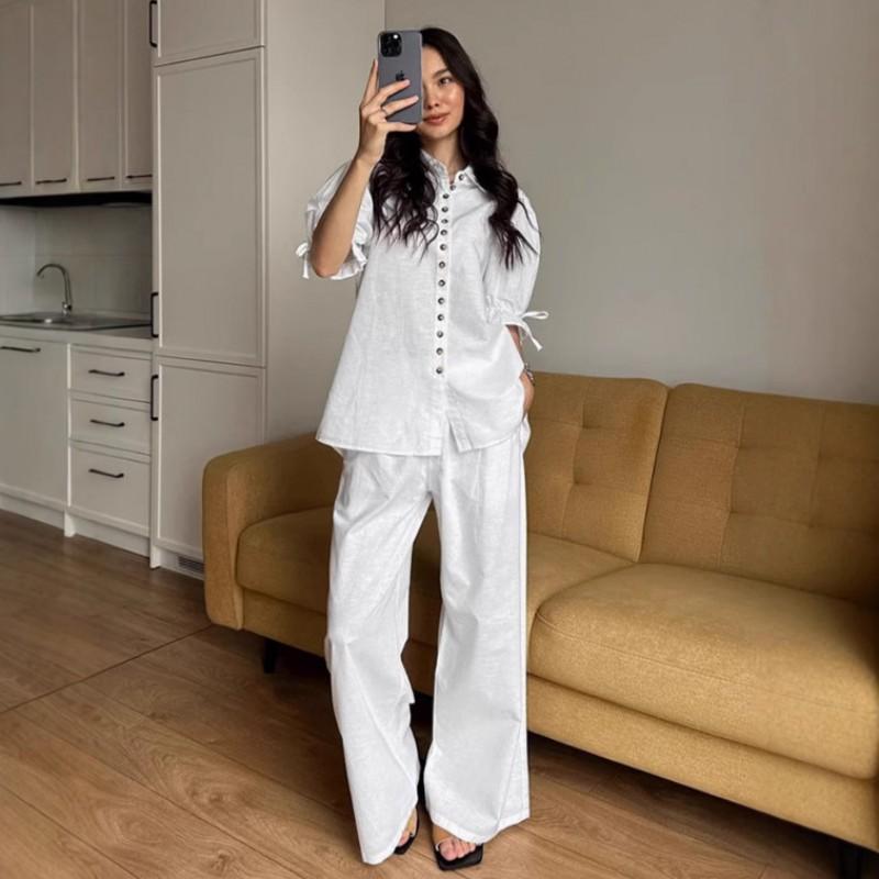 Womens White Cotton Linen Blouse Pants Set Casual 2-Piece Outfit With Puff Sleeves