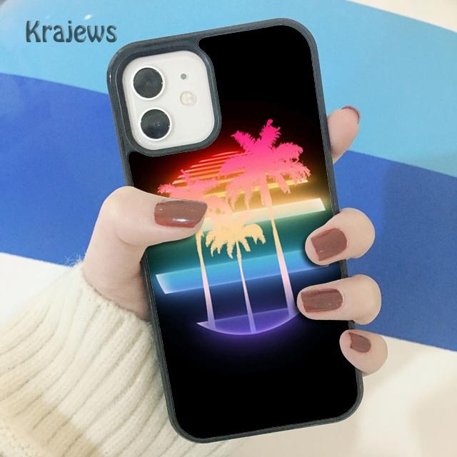 Krajews 80s Retrowave Neon Palms Tree Soft Phone Case Cover For iPhone 17 Air 16 15 14 plus 11 12 13 pro max coque Fundas