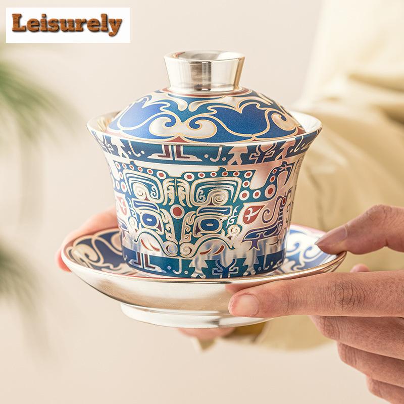 Handmade 999 Gilt Silver Gaiwan Taotie Pattern Three Talents Cup Saucer Tea Tureen Tea Brewing Cover Bowl Teaset Supplies Craft