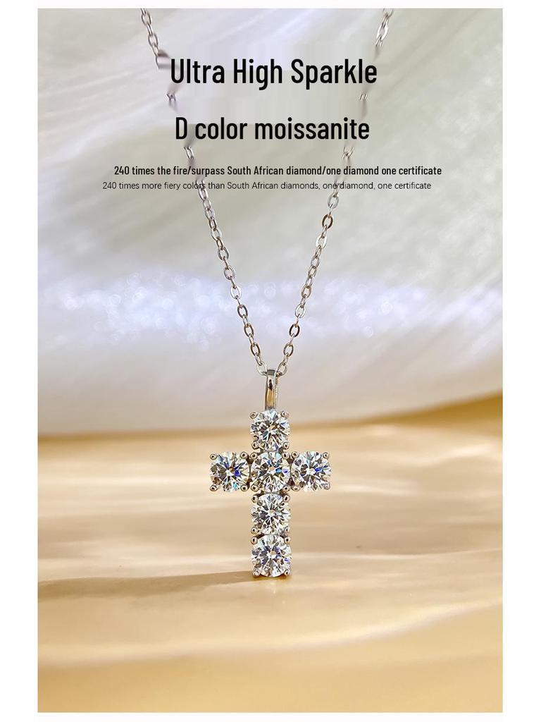 Women's Geometric 925 Sterling Silver Cross Pendant Necklace with 3 Carat Moissanite
