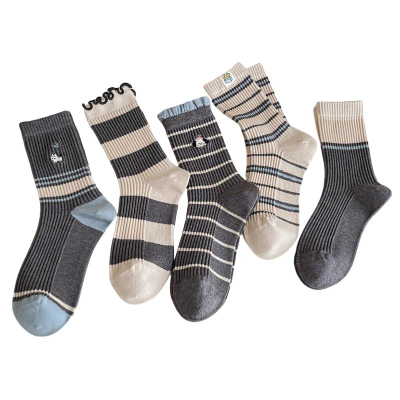 Greyish-blue Striped Women's Mid-calf Socks for Autumn and Winter, Warm, Thick and Cute Lace Trendy Long Calf Socks