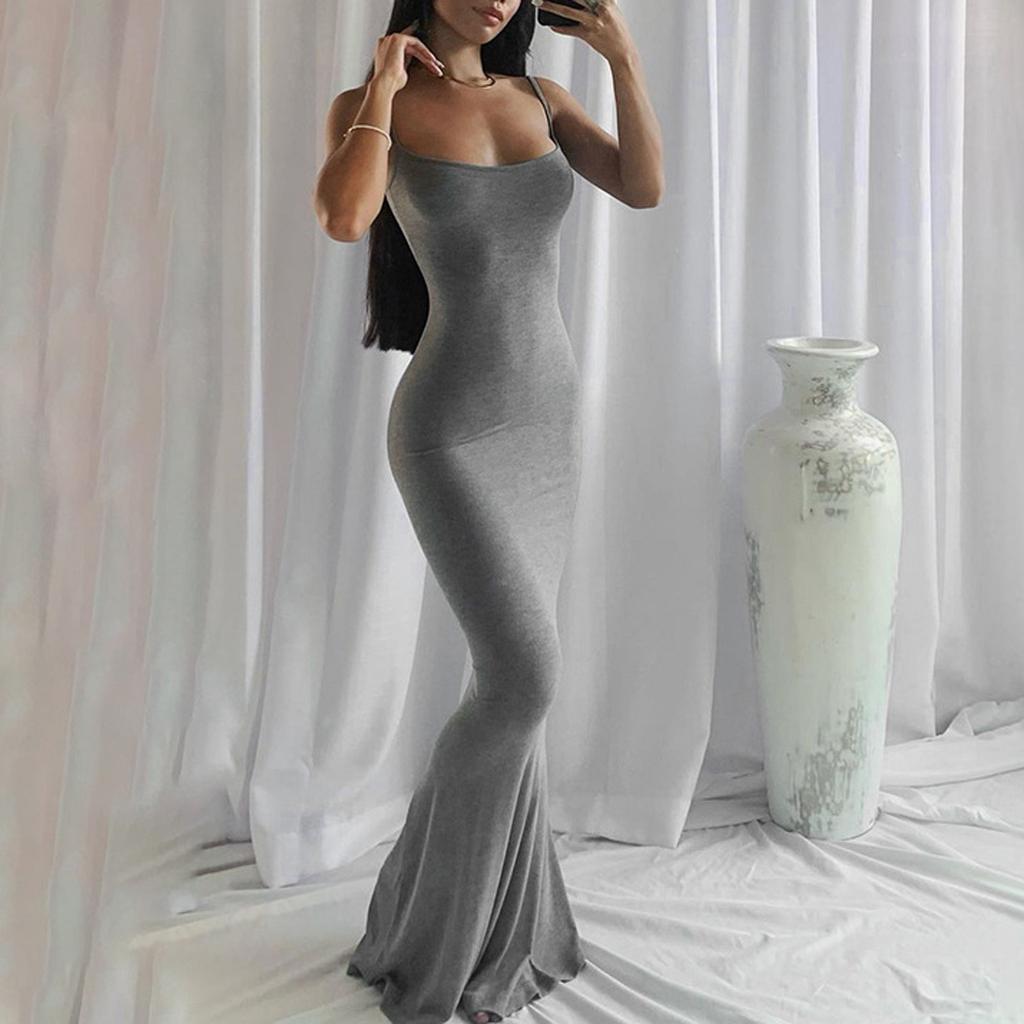 Fashion Women's Sling Sleeveless Sexy Solid Color Open Back Slim Fit  Long Dress