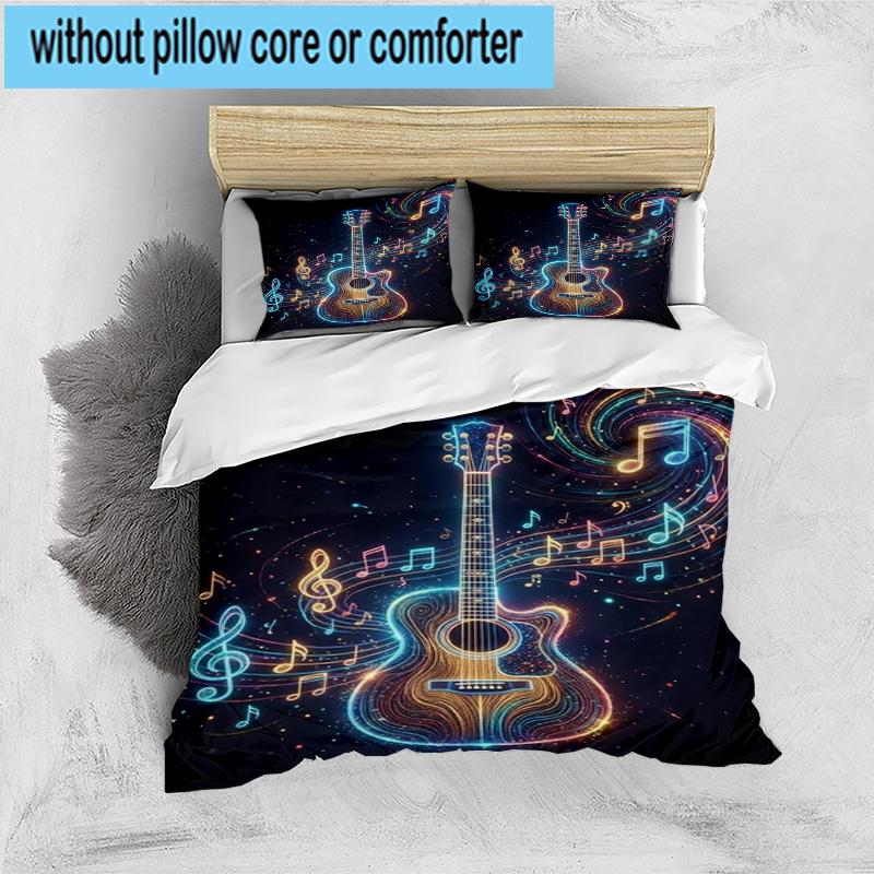 Neon Guitar Melody 3pcs Bedding,Including 1pc Duvet Cover And 2pcs Pillowcases Perfect for Christmas,Ideal for Bedroom, Dormitory