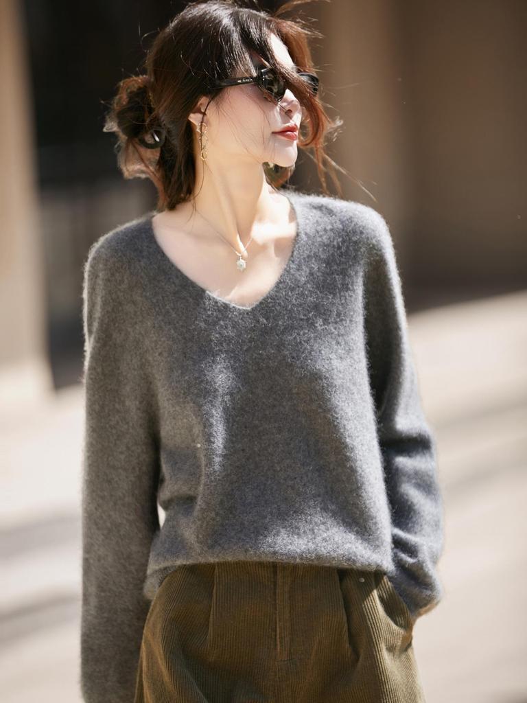 Women's V-neck Cashmere Wool Blend Long Sleeve Knit Pullover Sweater