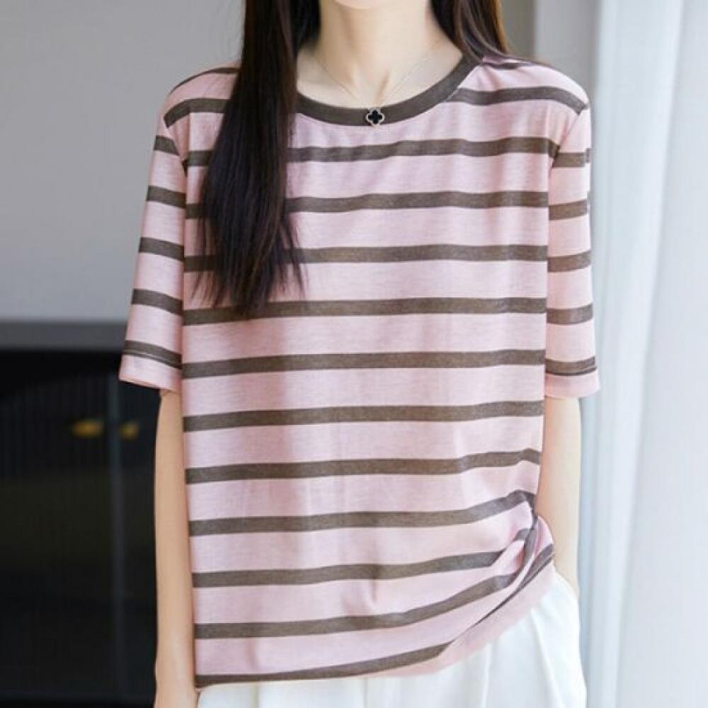 Navava Women Striped Round Neck Short Sleeve Knit Top Nk3059