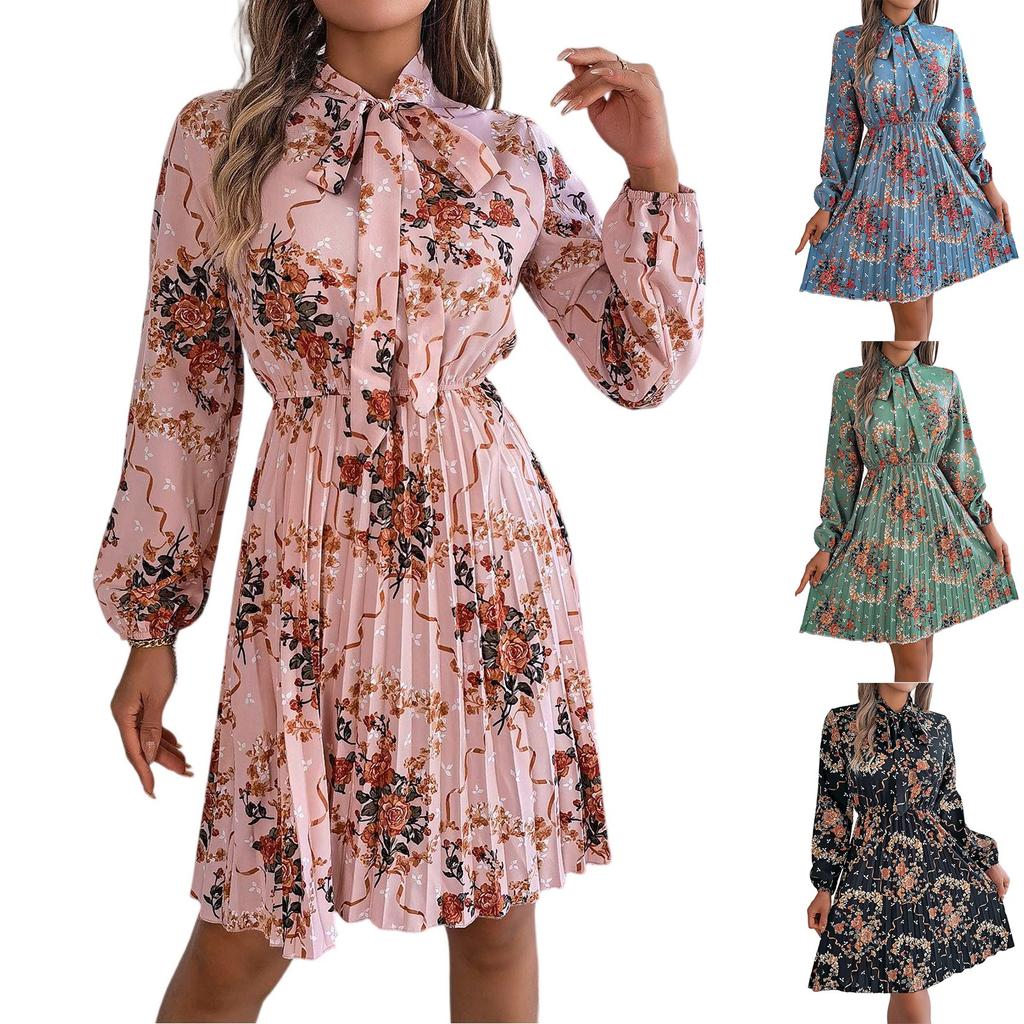Women's Casual Elegant Flower Print Long Sleeve Tie Waist Long Sleeve Pleated Skirt Dress