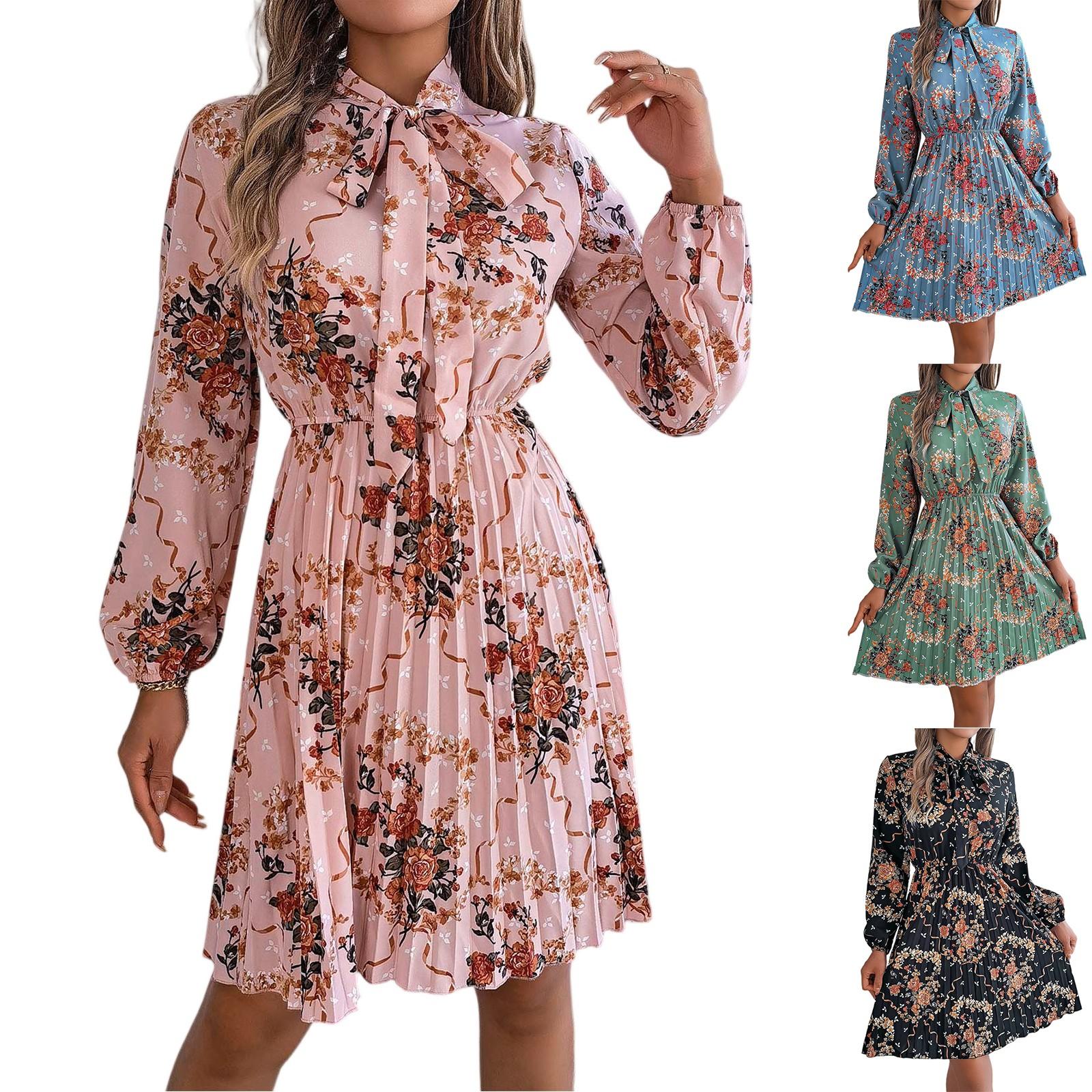 

Women s Casual Elegant Flower Print Long Sleeve Tie Waist Long Sleeve Pleated Skirt Dress L чорний