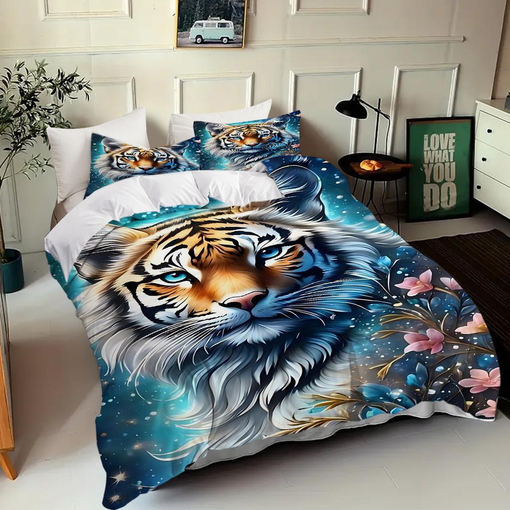 Retro Leśny Tygrys 3D Nadruk Poszewka na Kołdrę Poszewka na Poduszkę Niebiesko-Złoty Kwiatowy Komplet Pościeli Dla Dzieci Młodzieży Dorosłych Poszewka na Kołdrę z Dzikiej Przyrody