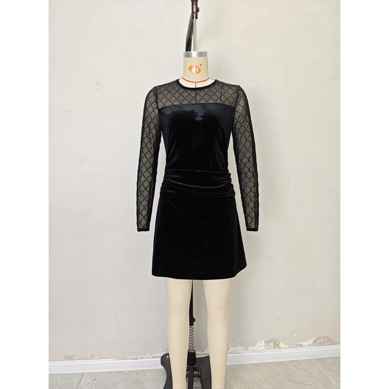 

Western Style New Fashion Patchwork Mesh Slim fit Slimming Long sleeve dress Mesh Patchwork Dress Black XL
