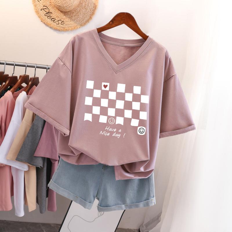 

Short-sleeved T-shirt for Women, Large Size, Loose and Slimming, Printed V-neck Top S темно-фіолетовий колір