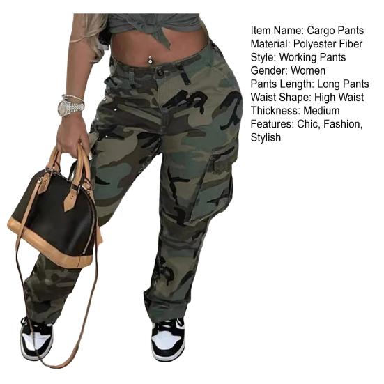 Dame Camo Print Cargobukser Høy Midje Vide Ben Baggy Streetwear Casual Kamuflasje Militærbukser med Lommer